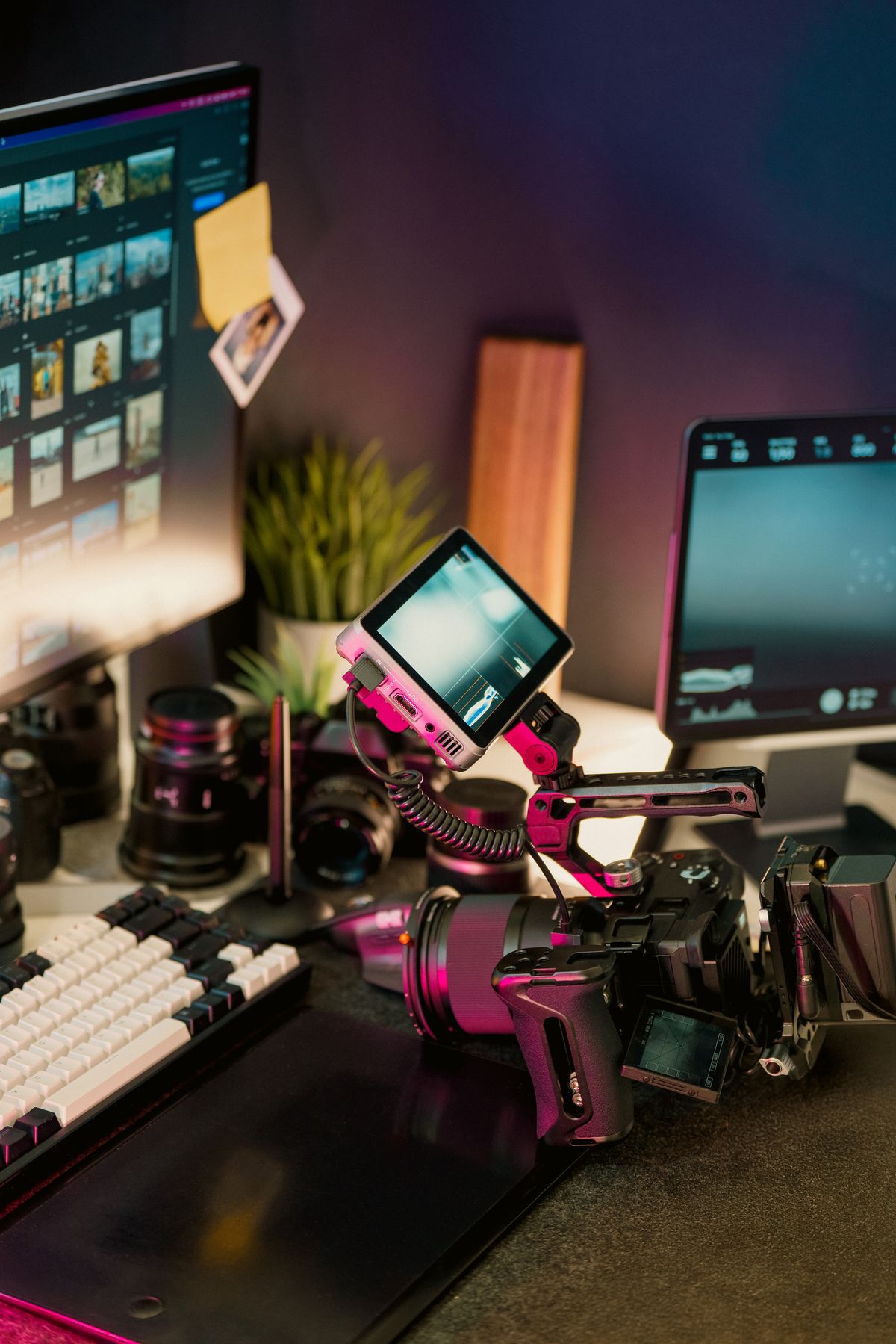 Camera and monitors in a video editing workspace